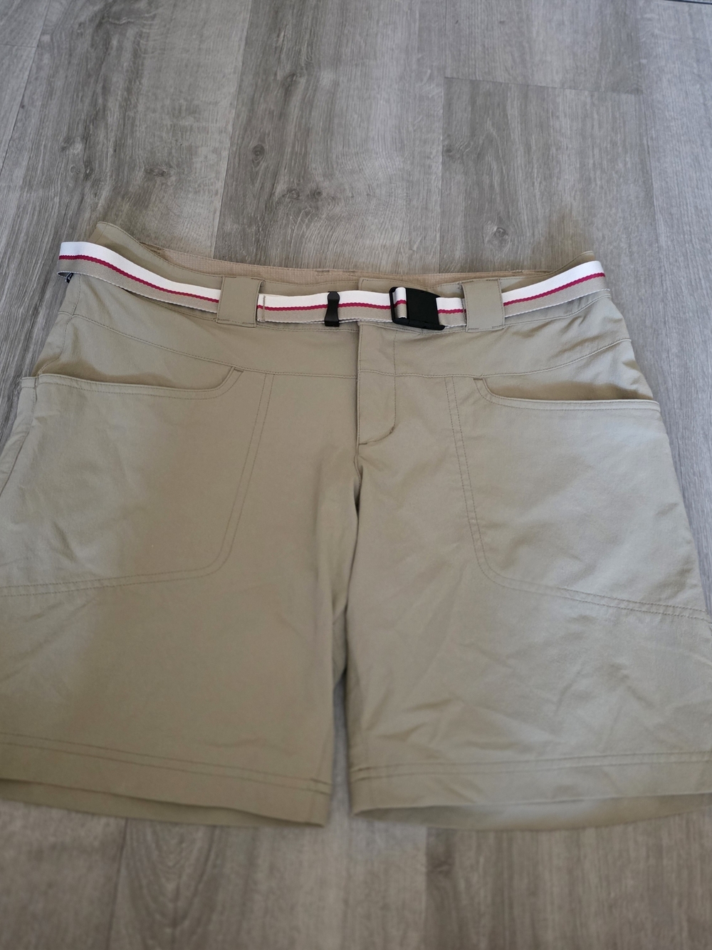 Eastern Mountain Sports Tan Shorts with White and Pink Accent Belt